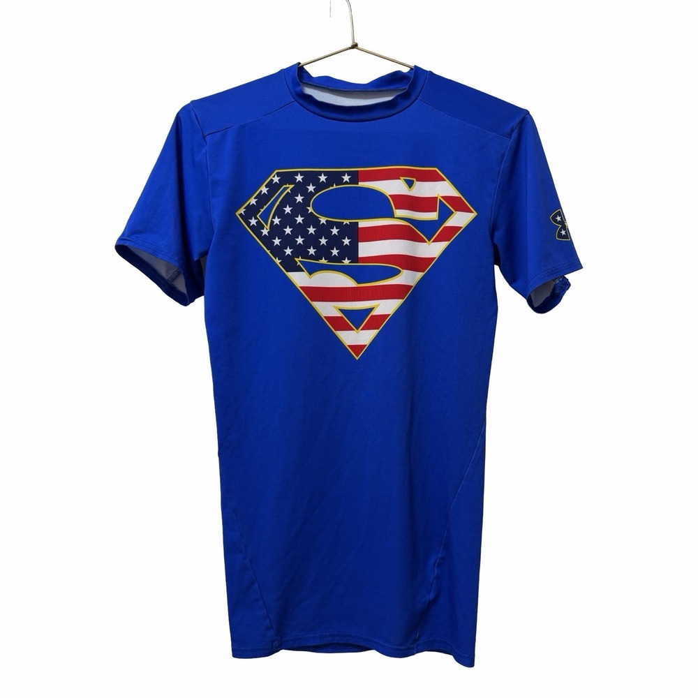 Under Armour Alter Ego Superman USA Flag Compression Shirt Mens Size S Blue FLAW